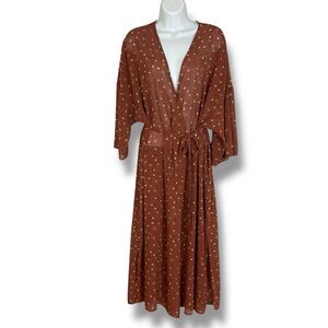 Forever 21‎ Floral Kimono Robe Semi-Sheer Size Medium Brown Belted Yellow Roses